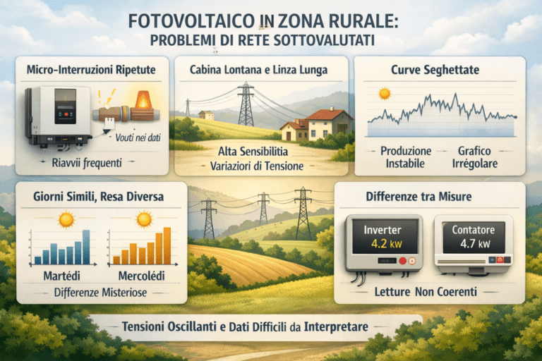 Infografica che illustra i problemi di rete sottovalutati negli impianti fotovoltaici in zona rurale, con esempi di micro-interruzioni ripetute, cabina elettrica lontana e linee lunghe, curve di produzione seghettate con cielo sereno, giornate simili con resa diversa e differenze di lettura tra inverter e contatore, in un contesto di tensioni oscillanti tipiche delle aree rurali.