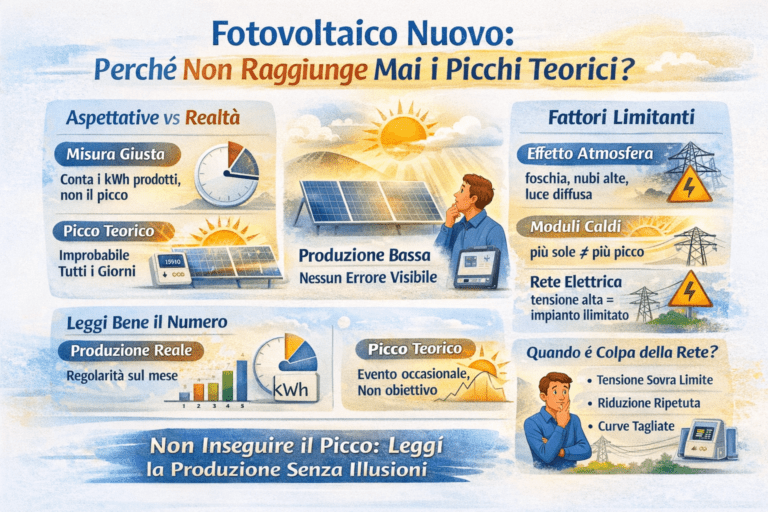 Infografica che spiega perché un fotovoltaico nuovo non raggiunge mai i picchi teorici, mostrando il confronto tra aspettative e realtà, l’importanza di leggere i chilowattora prodotti invece del picco, l’effetto di atmosfera e moduli caldi, il ruolo della rete elettrica e quando la riduzione di potenza dipende dai limiti di rete.