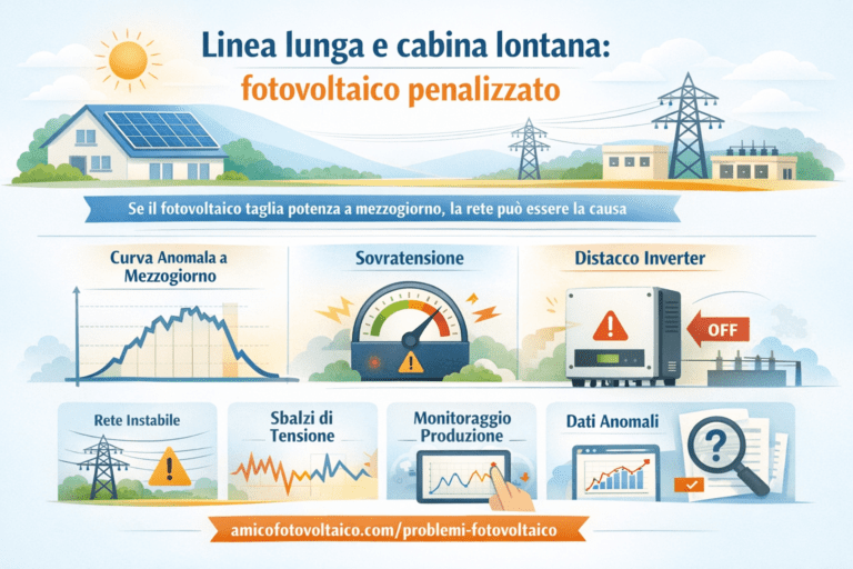 Infografica che mostra come una linea elettrica lunga o una cabina lontana possano penalizzare un impianto fotovoltaico, con curva di produzione anomala a mezzogiorno, sovratensione di rete, distacco dell’inverter, rete instabile, sbalzi di tensione e analisi dei dati di monitoraggio.