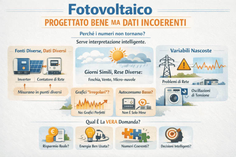 Infografica premium che spiega perché un fotovoltaico progettato bene può mostrare dati incoerenti: confronto tra inverter e contatore di rete, giorni simili con rese diverse, variabili nascoste della rete elettrica, grafici irregolari e autoconsumo percepito, con focus su interpretazione intelligente dei numeri e decisioni consapevoli.