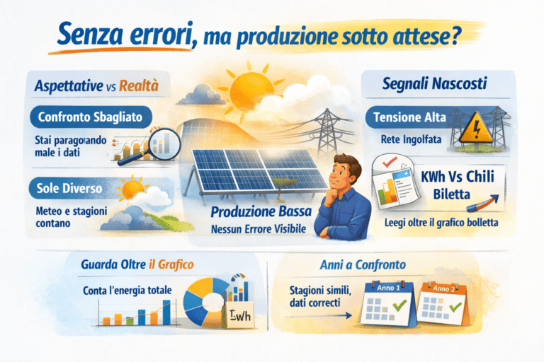 Infografica che spiega perché il fotovoltaico può funzionare senza errori ma avere una produzione sotto le attese, mostrando il confronto tra aspettative e realtà, l’importanza di leggere i chilowattora invece dei picchi, l’influenza di meteo e stagioni, il ruolo della rete elettrica e il confronto corretto dei dati anno su anno.
