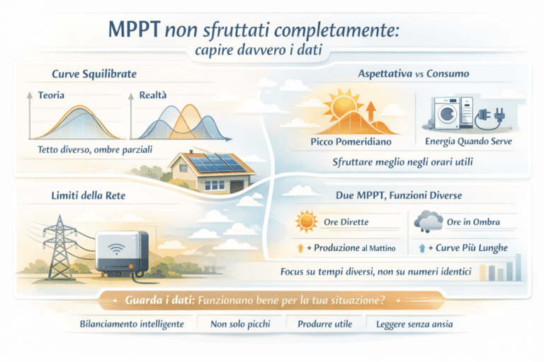 Infografica premium che spiega un impianto fotovoltaico con MPPT non sfruttati completamente: confronto tra teoria e realtà delle curve di produzione, falde diverse con ombre parziali, limiti della rete elettrica, differenza tra picco pomeridiano ed energia utile, e ruolo dei due MPPT su orari diversi per prendere decisioni più intelligenti.
