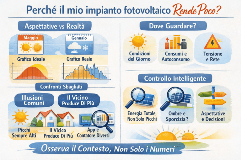 Infografica che spiega perché un impianto fotovoltaico funziona ma rende poco, confrontando aspettative e realtà, errori di confronto, condizioni giornaliere, autoconsumo, rete elettrica, ombre e interpretazione corretta dei dati di produzione.