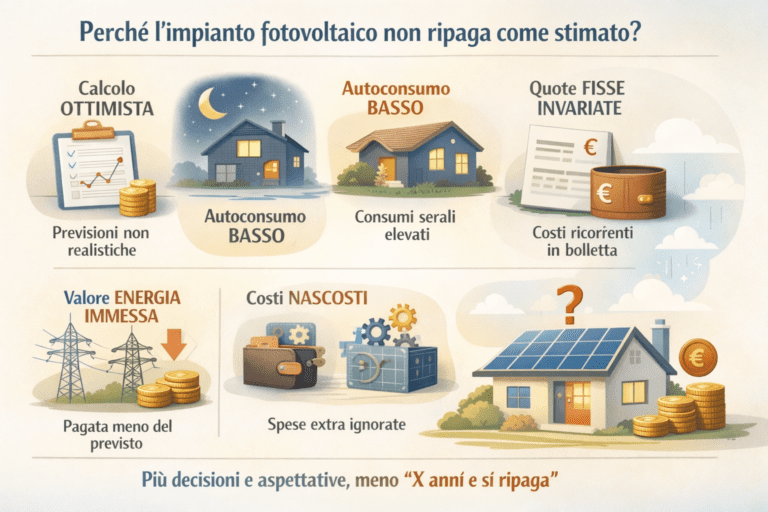 Infografica premium in italiano che spiega perché un impianto fotovoltaico non ripaga come stimato: previsioni troppo ottimistiche, autoconsumo basso per consumi serali, quote fisse in bolletta, valore dell’energia immessa inferiore alle attese e costi nascosti, con illustrazioni di case con pannelli solari, bollette, grafici e simboli economici su sfondo chiaro.