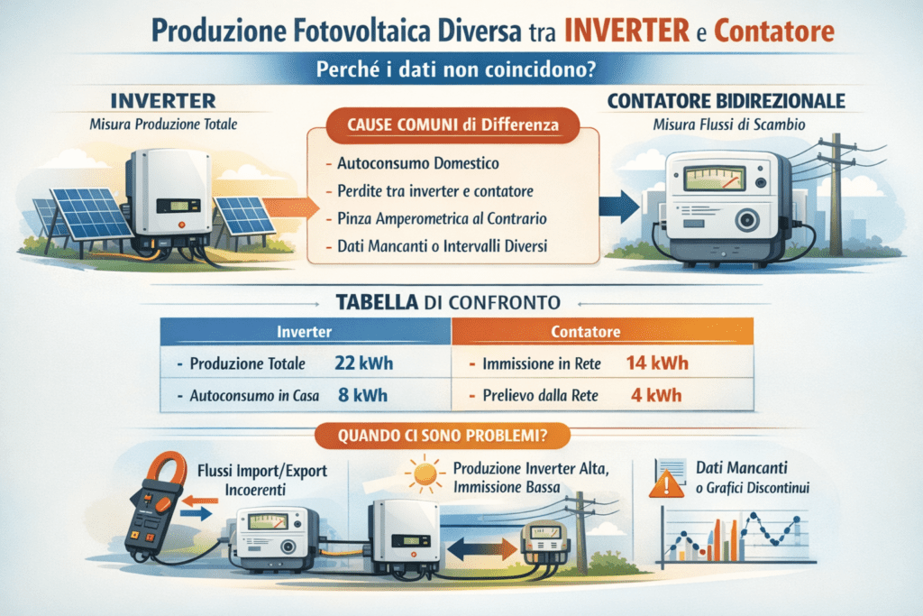 Infografica premium che spiega perché la misura della produzione fotovoltaica è diversa tra inverter e contatore bidirezionale, mostrando cosa misura ciascun dispositivo, le cause più comuni delle differenze (autoconsumo, perdite, pinza amperometrica invertita, dati mancanti) e una tabella di confronto con esempi pratici di produzione, immissione e prelievo.