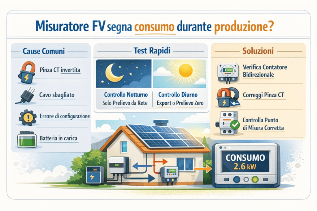 Infografica in stile premium con colori chiari intitolata “Misuratore FV segna consumo durante produzione?”. L’immagine mostra una casa con impianto fotovoltaico attivo mentre un misuratore indica consumo. A sinistra sono elencate le “Cause Comuni”: pinza CT invertita, cavo sbagliato, errore di configurazione, batteria in carica. Al centro la sezione “Test Rapidi” con controllo notturno (solo prelievo da rete) e controllo diurno (export o prelievo vicino a zero). A destra la sezione “Soluzioni” con verifica del contatore bidirezionale, correzione della pinza CT e controllo del punto di misura corretto. In basso è illustrato il flusso dell’energia tra pannelli, inverter, batteria e rete elettrica.