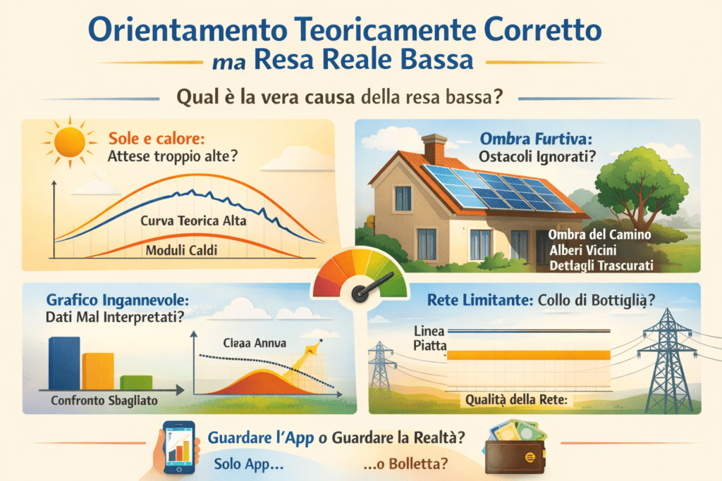 Infografica premium che spiega perché un orientamento teoricamente corretto dei pannelli può portare a una resa reale bassa: confronto tra curva teorica e produzione reale con moduli caldi, ombre leggere ma decisive su tetto e camino, grafici di produzione mal interpretati e limiti della rete elettrica che riducono l’energia realmente utilizzabile.