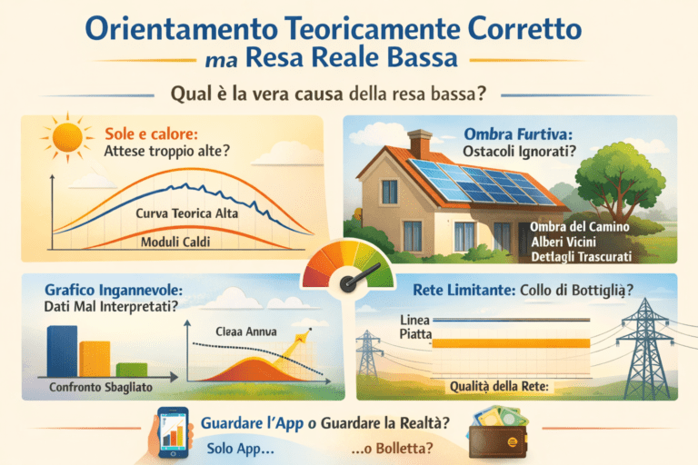 Infografica premium che spiega perché un orientamento teoricamente corretto dei pannelli può portare a una resa reale bassa: confronto tra curva teorica e produzione reale con moduli caldi, ombre leggere ma decisive su tetto e camino, grafici di produzione mal interpretati e limiti della rete elettrica che riducono l’energia realmente utilizzabile.