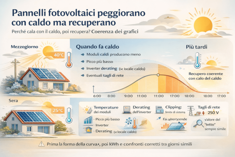 Infografica sui pannelli fotovoltaici che peggiorano con caldo ma recuperano, con confronto tra mezzogiorno caldo e tardo pomeriggio più fresco: curva di produzione schiacciata nelle ore calde, moduli caldi, possibile derating dell’inverter e recupero serale con il calo della temperatura, mostrando come interpretare correttamente i grafici giornalieri.
