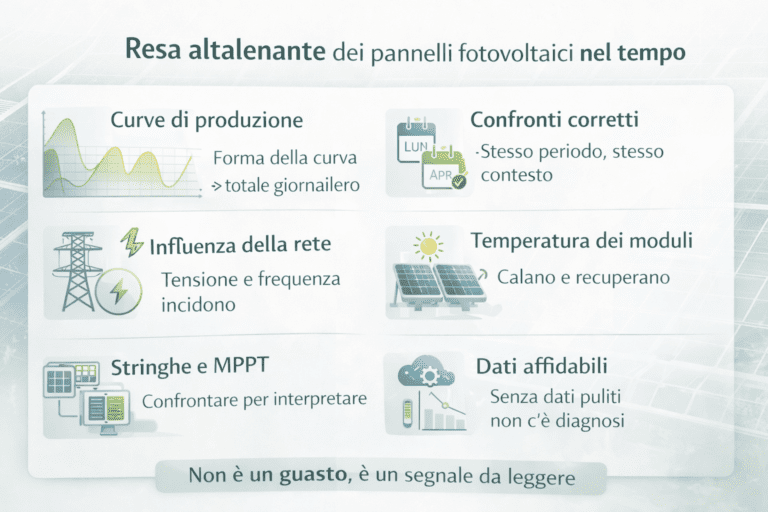 Infografica sulla resa altalenante dei pannelli fotovoltaici nel tempo, con curve di produzione, confronti corretti dei dati, influenza della rete elettrica, temperatura dei moduli, analisi delle stringhe MPPT e importanza di dati di monitoraggio affidabili.