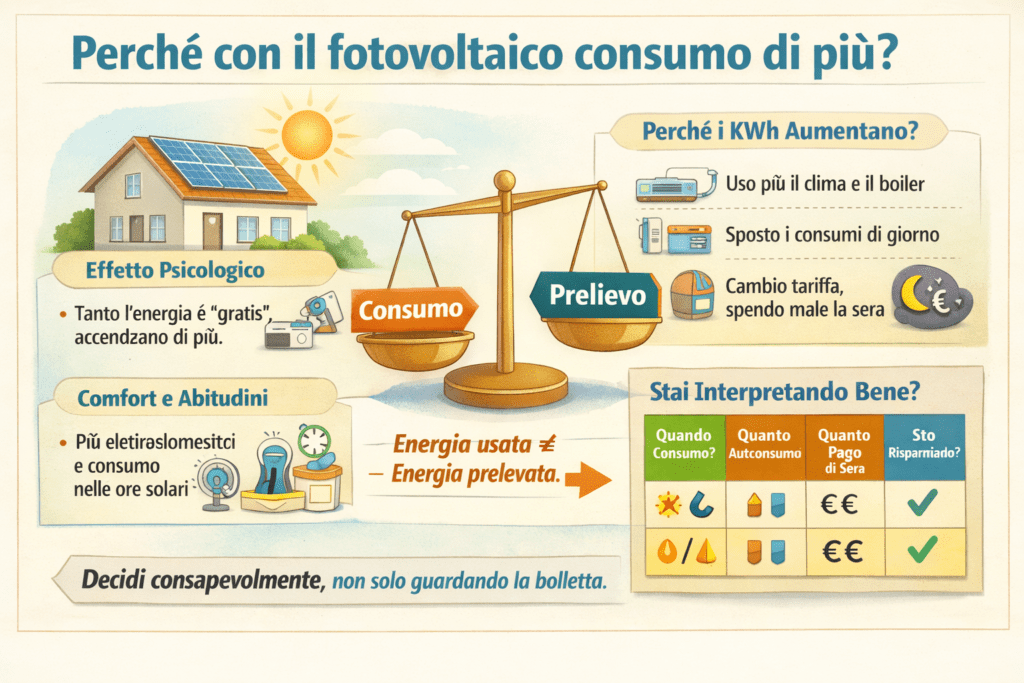 Infografica che spiega perché con il fotovoltaico si può consumare di più, mostrando il confronto tra consumo e prelievo, l’effetto psicologico dell’energia percepita come gratuita, l’aumento del comfort domestico, lo spostamento dei consumi di giorno e l’importanza di interpretare correttamente autoconsumo e bolletta.
