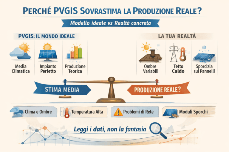 Infografica che spiega perché PVGIS sovrastima la produzione reale: confronto tra modello ideale e realtà concreta con media climatica, impianto perfetto e produzione teorica da un lato, e dall’altro ombre variabili, tetto caldo, sporcizia sui pannelli e problemi di rete. Grafica in stile premium con colori chiari e messaggio “Leggi i dati, non la fantasia”.