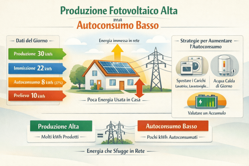 Infografica che mostra una situazione di produzione fotovoltaico alta ma autoconsumo basso, con dati giornalieri di produzione, energia immessa, autoconsumo e prelievo, schema casa-rete elettrica e strategie per aumentare l’autoconsumo come spostamento dei carichi, uso dell’acqua calda di giorno e valutazione dell’accumulo.