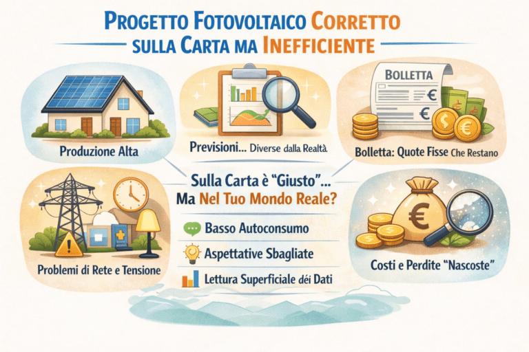 Infografica premium in italiano che illustra un progetto fotovoltaico corretto sulla carta ma inefficiente nella pratica, mostrando il divario tra produzione teorica e valore reale: autoconsumo limitato, consumi serali, quote fisse in bolletta, energia immessa in rete e aspettative iniziali, con grafici comparativi, icone di casa con pannelli solari e flussi energetici su sfondo chiaro ed elegante.