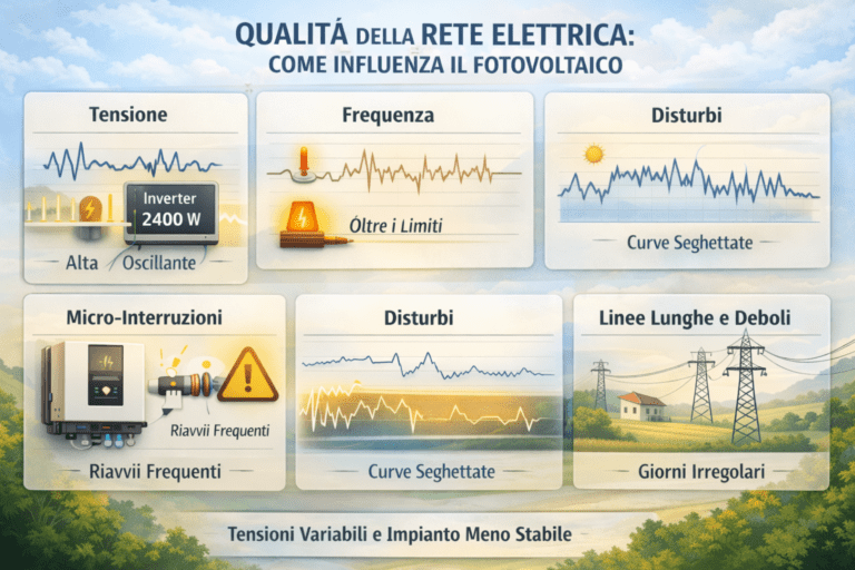 Infografica che mostra come la qualità della rete elettrica influisce su un impianto fotovoltaico, evidenziando tensione instabile, frequenza di rete variabile, micro-interruzioni, curva di produzione irregolare, potenza trattenuta nelle ore centrali e differenze di misura tra inverter e contatore, con focus sull’interpretazione dei dati di monitoraggio.