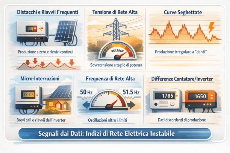 Infografica sui segnali di rete elettrica instabile in un impianto fotovoltaico, con esempi di curve di produzione irregolari, distacchi e riavvii dell’inverter, tagli di potenza per sovratensione, frequenza di rete elevata e differenze visibili nei dati di monitoraggio.