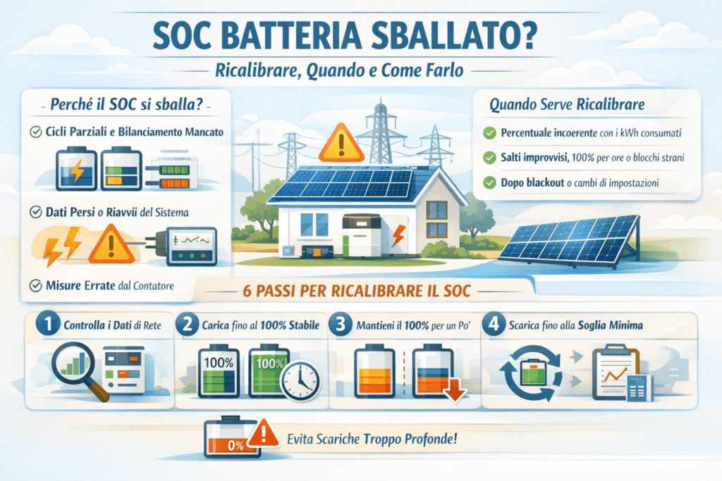 Infografica in italiano “SOC batteria sballato?” con cause principali (cicli parziali, dati persi/riavvii, misure errate) e guida in 6 passi per ricalibrare lo stato di carica: controlla dati di rete, carica al 100% stabile, mantieni il 100%, scarica fino alla soglia minima, verifica coerenza con i kWh e ripeti se necessario; avviso di evitare scariche troppo profonde.