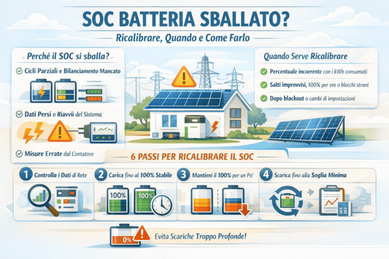 Infografica in italiano “SOC batteria sballato?” con cause principali (cicli parziali, dati persi/riavvii, misure errate) e guida in 6 passi per ricalibrare lo stato di carica: controlla dati di rete, carica al 100% stabile, mantieni il 100%, scarica fino alla soglia minima, verifica coerenza con i kWh e ripeti se necessario; avviso di evitare scariche troppo profonde.