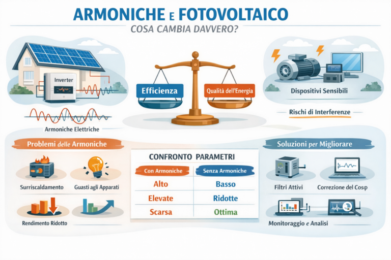 Infografica sulle armoniche e il fotovoltaico che mostra come la distorsione armonica influisce su inverter, qualità dell’energia ed efficienza dell’impianto, con problemi tipici, confronto dei parametri e soluzioni di monitoraggio.