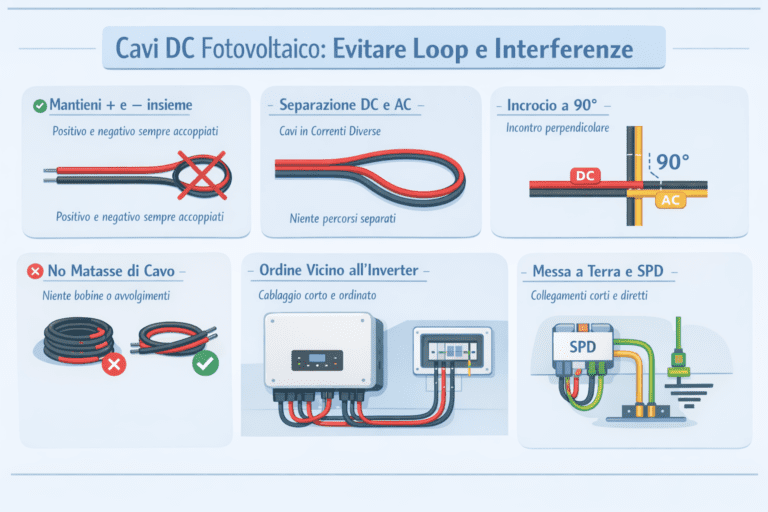 Alt text (IT): Infografica “Cavi DC Fotovoltaico: Evitare Loop e Interferenze” con 6 regole illustrate: mantenere + e − insieme, separare DC e AC, incrocio a 90°, evitare matasse di cavo, ordine vicino all’inverter, collegamenti corti per messa a terra e SPD.