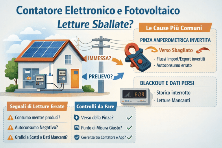 Infografica su contatore elettronico e fotovoltaico con letture sballate: illustrazione di una casa con impianto fotovoltaico collegata alla rete, flussi di prelievo e immissione evidenziati, pinza amperometrica invertita, problemi di blackout e dati persi, segnali tipici di letture errate e controlli pratici da eseguire per verificare contatore e monitoraggio.