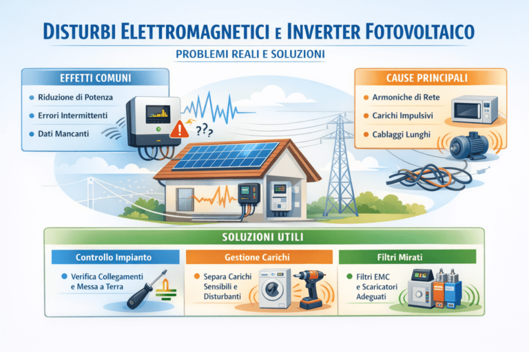 Infografica in italiano “Disturbi elettromagnetici e inverter fotovoltaico – problemi reali e soluzioni” che mostra una casa con impianto solare e inverter, gli effetti comuni (riduzione di potenza, errori intermittenti, dati mancanti), le cause principali (armoniche di rete, carichi impulsivi, cablaggi lunghi) e le soluzioni utili (controllo collegamenti e messa a terra, gestione dei carichi, filtri EMC e scaricatori adeguati), in stile premium con colori chiari.