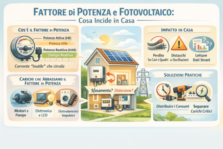 Infografica sul fattore di potenza e il fotovoltaico in casa che spiega differenza tra potenza attiva e reattiva, carichi che abbassano il fattore di potenza, impatti pratici su impianto domestico e soluzioni per migliorare stabilità e lettura dei dati.