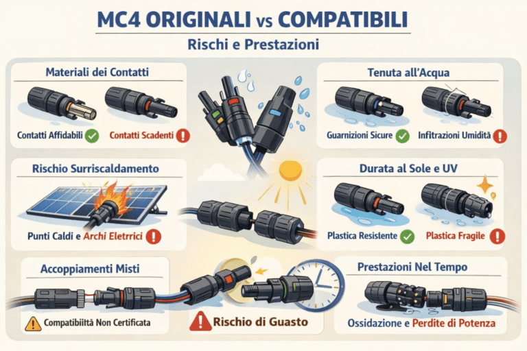 Alt text (IT): Infografica “MC4 originali vs compatibili: rischi e prestazioni” con illustrazioni di connettori e 6 sezioni: materiali dei contatti, tenuta all’acqua, rischio surriscaldamento (punti caldi e archi elettrici), durata al sole e UV, accoppiamenti misti (compatibilità non certificata) e prestazioni nel tempo (ossidazione e perdite di potenza).