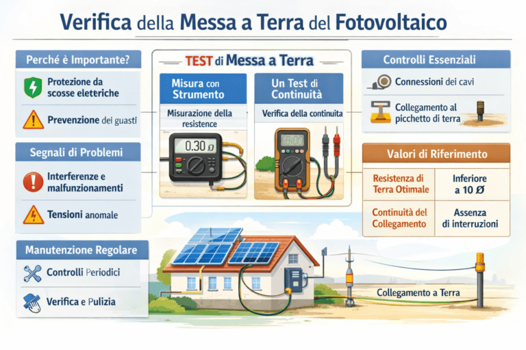 Infografica in italiano intitolata “Verifica della Messa a Terra del Fotovoltaico” in stile premium con colori chiari. Mostra una casa con impianto fotovoltaico collegato a un picchetto di terra, strumenti di misura per test di continuità e resistenza, sezioni su controlli essenziali, segnali di problemi, manutenzione regolare e una tabella con valori di riferimento come resistenza di terra inferiore a 10 ohm e continuità senza interruzioni.