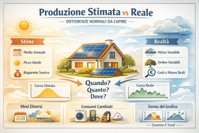 “Infografica premium che mostra il confronto tra produzione stimata e produzione reale del fotovoltaico, evidenziando le differenze normali. Al centro una casa con pannelli solari; a sinistra la stima basata su anno medio e condizioni ideali, a destra la produzione reale influenzata da stagioni, meteo variabile e distribuzione oraria. In basso il messaggio chiave: lo scostamento è normale se coerente nel tempo e leggibile dai dati.”