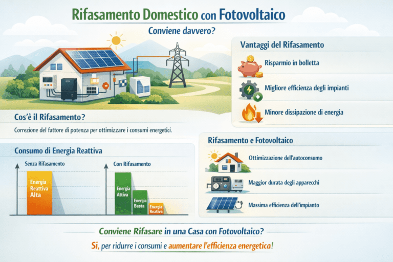 Infografica sul rifasamento domestico con impianto fotovoltaico: schema di una casa con pannelli solari collegata alla rete elettrica, confronto tra consumo di energia reattiva con e senza rifasamento, elenco dei casi in cui conviene e non conviene rifasare, benefici tecnici e limiti reali in ambito domestico.