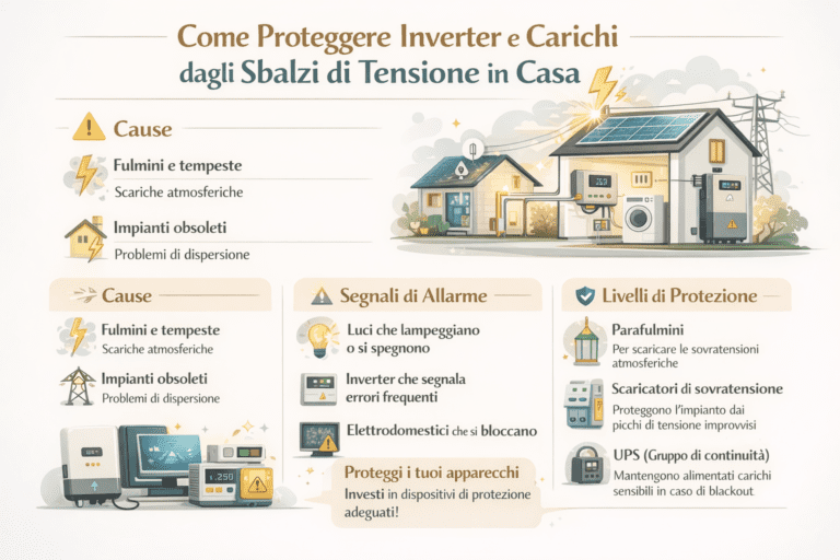 Infografica in italiano “Come proteggere inverter e carichi dagli sbalzi di tensione in casa” con tre sezioni: cause (fulmini/tempeste, impianti obsoleti), segnali di allarme (luci che lampeggiano, errori inverter, elettrodomestici che si bloccano) e livelli di protezione (paraflumini, scaricatori di sovratensione, UPS), con illustrazione di casa con pannelli, inverter e quadro elettrico.