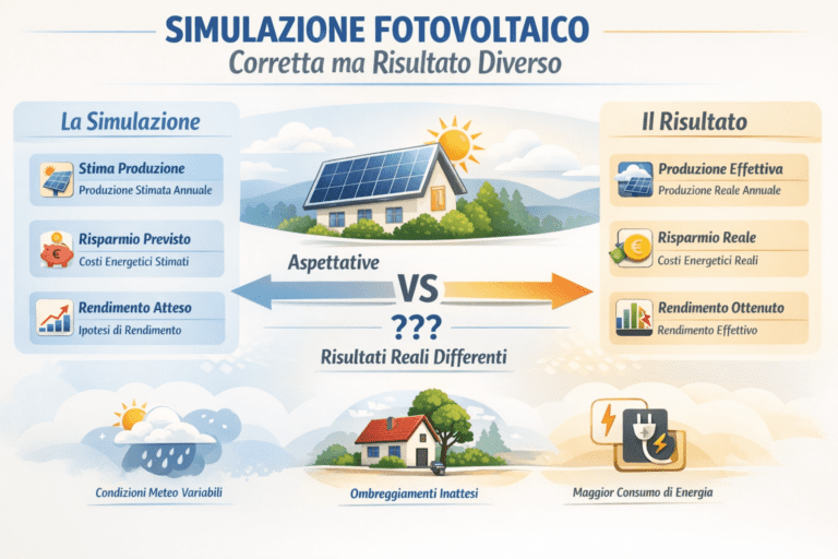 “Infografica premium che confronta una simulazione fotovoltaico corretta con risultati reali diversi: al centro una casa con pannelli solari, a sinistra le aspettative di produzione, rendimento e risparmio stimati, a destra produzione, rendimento e risparmio reali. In basso i fattori che spiegano la differenza: condizioni meteo variabili, ombreggiamenti inattesi e cambiamento delle abitudini di consumo.”