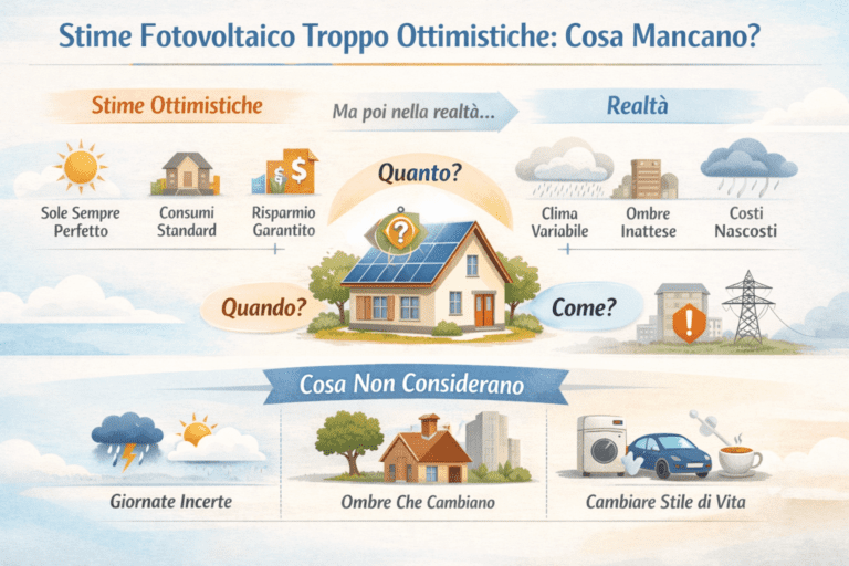 “Infografica premium sulle stime fotovoltaico troppo ottimistiche: confronto tra aspettative teoriche e realtà. A sinistra sole perfetto, consumi standard e risparmio garantito; a destra clima variabile, ombre inattese e costi nascosti. Al centro una casa con pannelli solari e le domande chiave ‘quanto?’, ‘quando?’ e ‘come?’. In basso gli elementi spesso non considerati: giornate incerte, ombre che cambiano nel tempo e variazioni dello stile di vita.”