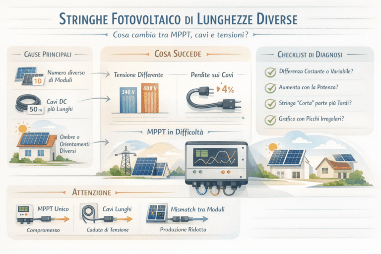 Alt text (IT): Infografica in stile premium dai colori chiari su “Stringhe fotovoltaico di lunghezze diverse”: mostra cause (numero moduli diverso, cavi DC più lunghi, ombre/orientamenti diversi), effetti (tensione differente 340V vs 408V, perdite sui cavi ~4%, MPPT in difficoltà) e una checklist di diagnosi con domande su differenza costante/variabile, aumento con la potenza, avvio più tardi della stringa corta e grafici con picchi irregolari.