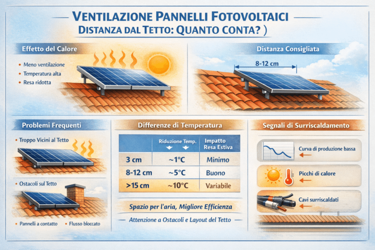 Alt text (IT): Infografica “Ventilazione pannelli fotovoltaici – distanza dal tetto: quanto conta?” con illustrazioni di moduli su tetto e flusso d’aria; evidenzia l’effetto del calore (meno ventilazione, temperatura alta, resa ridotta), la distanza consigliata 8–12 cm, una tabella con confronto 3 cm / 8–12 cm / >15 cm (riduzione temperatura e impatto sulla resa estiva) e segnali di surriscaldamento (curva di produzione bassa, picchi di calore, cavi surriscaldati).