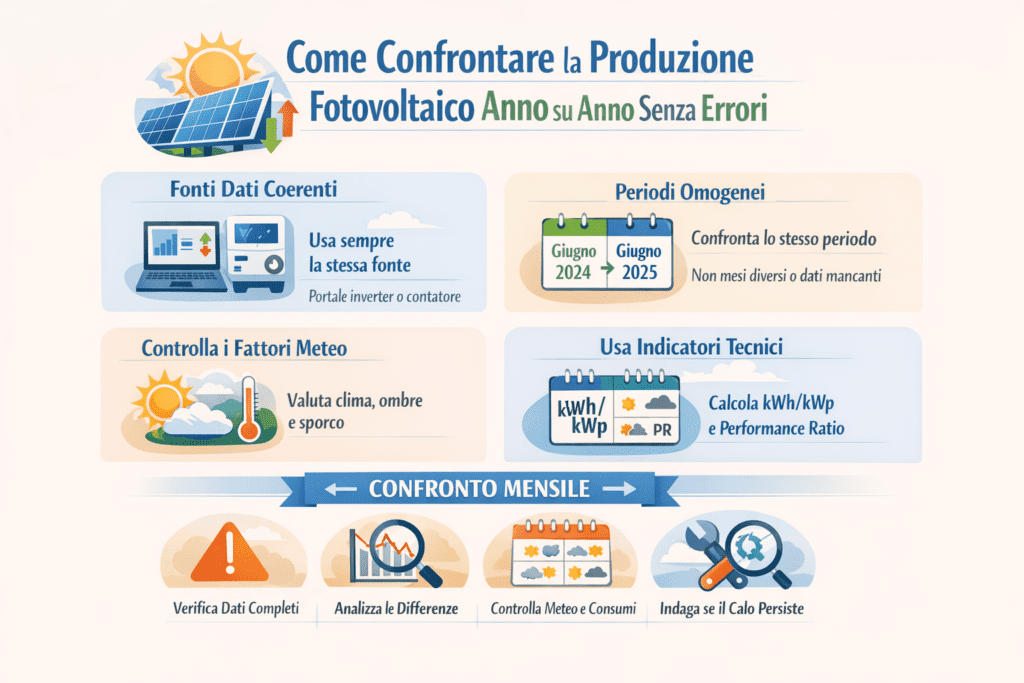 Infografica in italiano in stile premium dai colori chiari che spiega come confrontare la produzione fotovoltaico anno su anno senza errori. In alto ci sono un sole e pannelli fotovoltaici con il titolo principale. Al centro quattro sezioni illustrate mostrano i passaggi chiave: usare fonti dati coerenti, confrontare periodi omogenei, controllare i fattori meteo e usare indicatori tecnici come kWh/kWp e performance ratio. In basso una fascia “Confronto mensile” introduce quattro controlli pratici: verifica dei dati completi, analisi delle differenze, controllo di meteo e consumi, e indagine tecnica se il calo persiste.