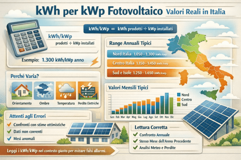Infografica “kWh per kWp fotovoltaico: valori reali in Italia” con formula kWh/kWp, esempio di calcolo, mappa dell’Italia con range annuali Nord/Centro/Sud, grafico dei valori mensili tipici, icone dei fattori che influenzano (orientamento, ombre, temperatura, perdite elettriche) e checklist su errori comuni e lettura corretta, in stile premium a colori chiari.