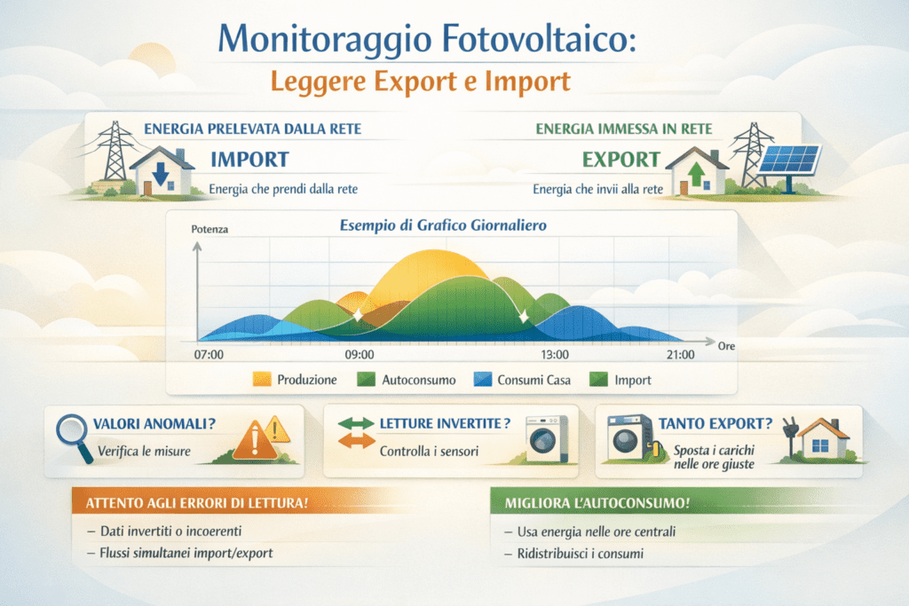 Infografica in italiano in stile premium e dai colori chiari sul tema del monitoraggio fotovoltaico con export e import. In alto compare il titolo “Monitoraggio Fotovoltaico: Leggere Export e Import”. Sotto, due sezioni spiegano il significato di import come energia prelevata dalla rete ed export come energia immessa in rete, con icone di casa, rete elettrica e pannelli. Al centro c’è un esempio di grafico giornaliero con aree colorate per produzione, autoconsumo, consumi casa e import distribuite lungo le ore della giornata. In basso sono presenti tre riquadri dedicati a valori anomali, letture invertite e tanto export, seguiti da due aree finali con consigli sugli errori di lettura da evitare e su come migliorare l’autoconsumo.