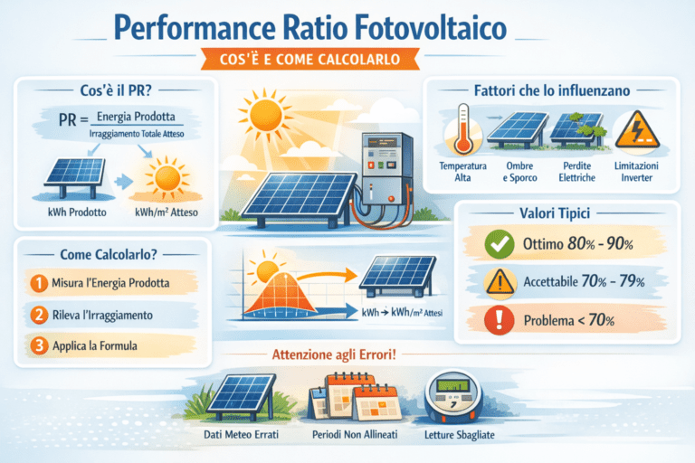 Infografica in italiano “Performance Ratio Fotovoltaico: cos’è e come calcolarlo” con formula PR, passaggi di calcolo, fattori che lo influenzano (temperatura, ombre/sporco, perdite elettriche, limitazioni), valori tipici e errori comuni, in stile premium con colori chiari.