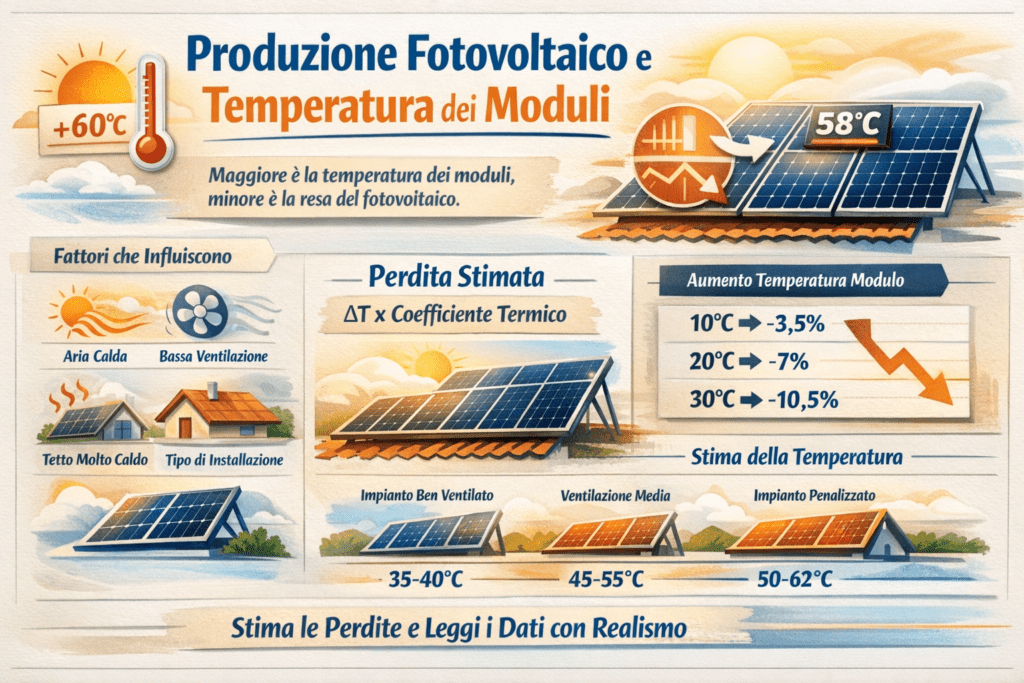 Infografica in italiano, stile premium e colori chiari, dedicata al rapporto tra produzione fotovoltaico e temperatura dei moduli. In alto compare il titolo “Produzione Fotovoltaico e Temperatura dei Moduli”, con sole, termometro e pannelli sul tetto che mostrano una temperatura elevata. Al centro l’immagine spiega che all’aumentare della temperatura dei moduli diminuisce la resa del fotovoltaico, con una sezione sulla perdita stimata calcolata tramite differenza di temperatura e coefficiente termico. A sinistra sono illustrati i principali fattori che influenzano il surriscaldamento: aria calda, bassa ventilazione, tetto molto caldo e tipo di installazione. A destra una tabella mostra esempi di perdita stimata al crescere della temperatura del modulo. In basso una fascia confronta tre situazioni: impianto ben ventilato, ventilazione media e impianto penalizzato termicamente, con relative temperature operative indicative.