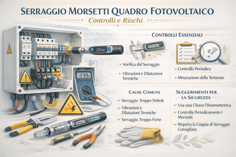 Infografica “Serraggio morsetti quadro fotovoltaico: controlli e rischi” con quadro elettrico aperto, morsetti evidenziati, icone di rischio (surriscaldamento/arco), e sezioni su controlli essenziali, cause comuni e consigli di sicurezza, in stile premium a colori chiari.