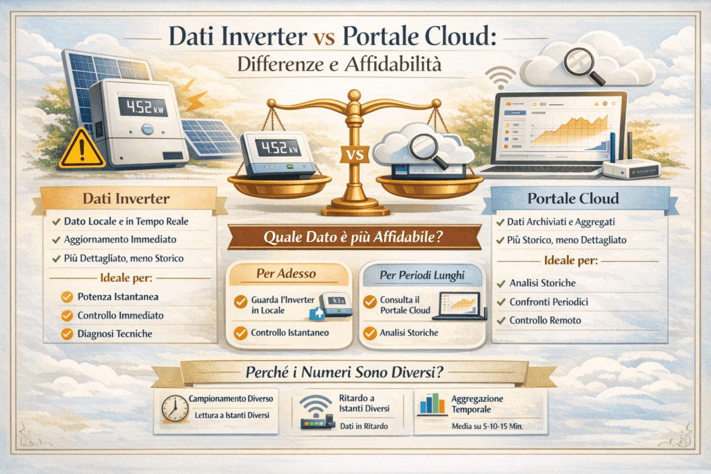 Infografica in italiano in stile premium e colori chiari che confronta dati inverter e portale cloud in un impianto fotovoltaico. A sinistra compare un inverter con pannelli solari e l’elenco dei vantaggi del dato locale in tempo reale, ideale per potenza istantanea, controllo immediato e diagnosi tecniche. A destra compare un laptop con grafici cloud e l’elenco dei vantaggi del portale cloud, utile per analisi storiche, confronti periodici e controllo remoto. Al centro una bilancia visiva mette a confronto le due fonti dati, con un riquadro che spiega quale usare subito e quale per periodi lunghi. In basso, tre box illustrano le cause principali delle differenze tra i numeri: campionamento diverso, ritardo a istanti diversi e aggregazione temporale.
