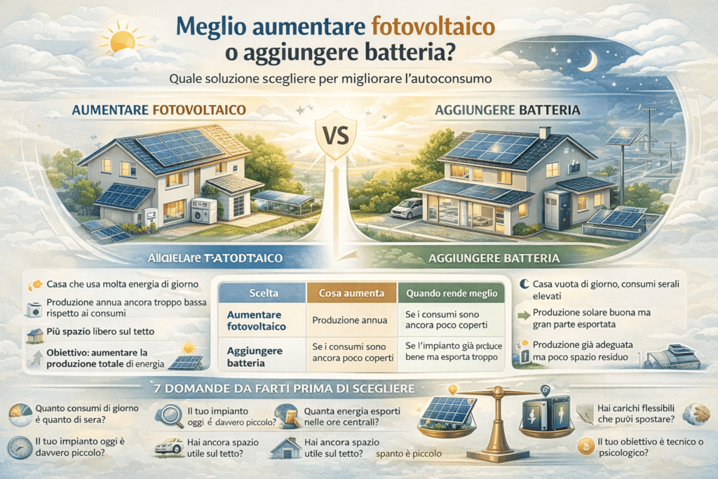 Infografica in italiano a colori chiari che confronta due scelte per migliorare un impianto fotovoltaico: aumentare il fotovoltaico oppure aggiungere una batteria. A sinistra è illustrata una casa con più pannelli solari, associata a consumi diurni elevati, maggiore produzione annua, più spazio disponibile sul tetto e obiettivo di aumentare l’energia prodotta. A destra è illustrata una casa con sistema di accumulo, associata a casa vuota di giorno, consumi serali elevati, buona produzione già presente ma molta energia esportata e poco spazio residuo sul tetto. Al centro una tabella confronta le due scelte in base a cosa aumenta e quando rende meglio. In basso compaiono le principali domande da farsi prima di decidere, come orari dei consumi, energia esportata, spazio sul tetto, carichi spostabili e obiettivo reale dell’intervento.